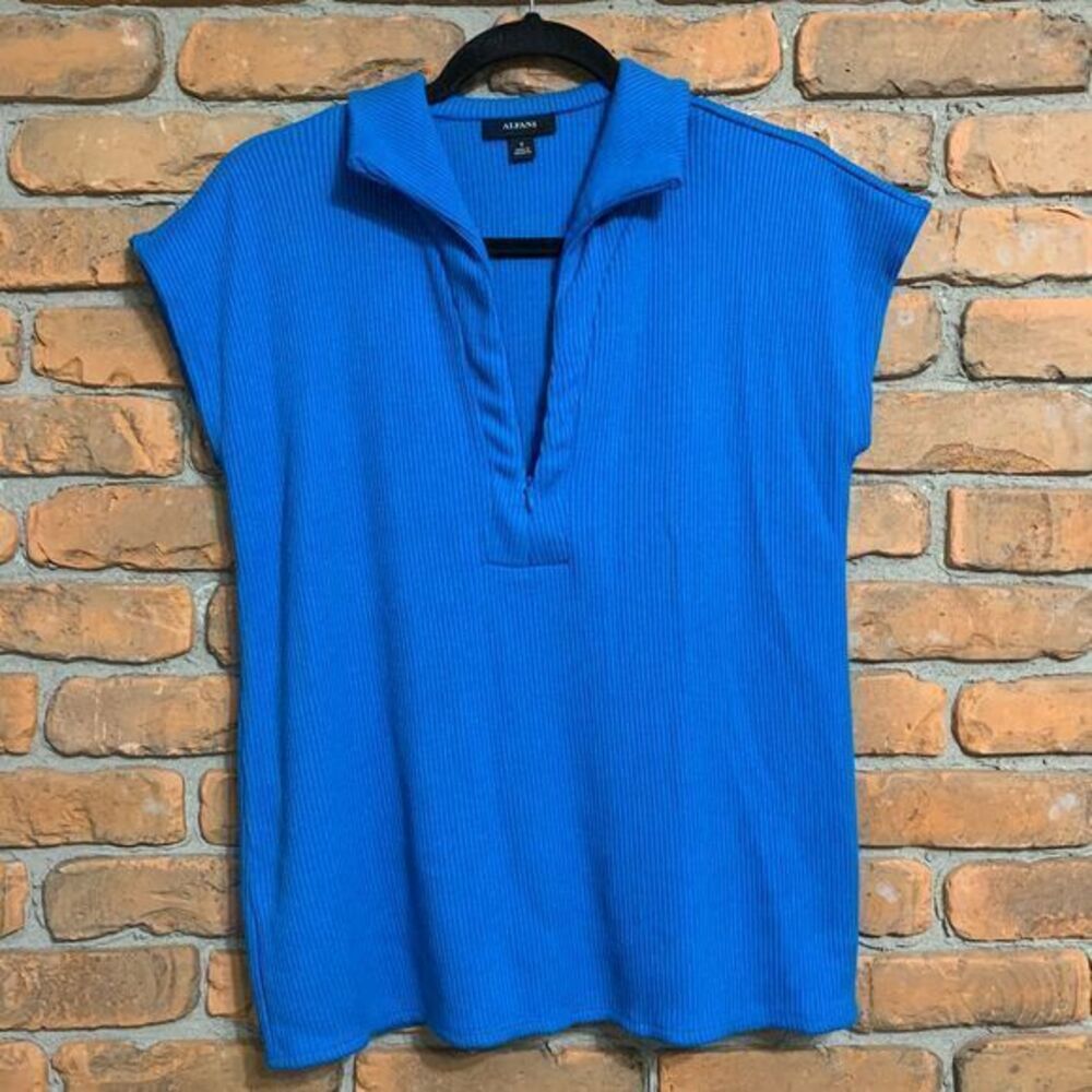 Alfani Top Women's Size Small Blue Ribbed Mock Neck Half Zip Stretch Knit Blouse